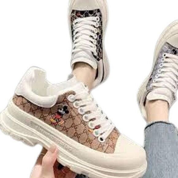 Fashion GG Women Ace Canvas Printed Minnie Mouse Sneaker Brown/White Size 37 - Picture 1 of 13
